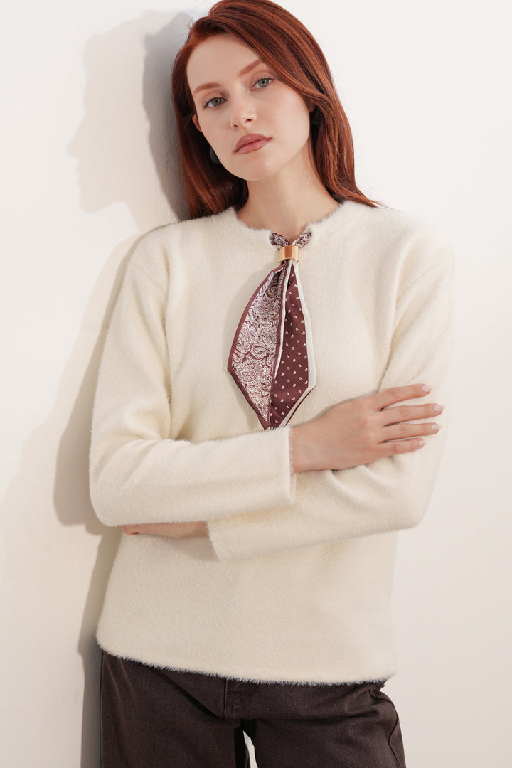 BGD Women Kadın Fular Detaylı Oversize Kazak 15971 - Krem - Blanes