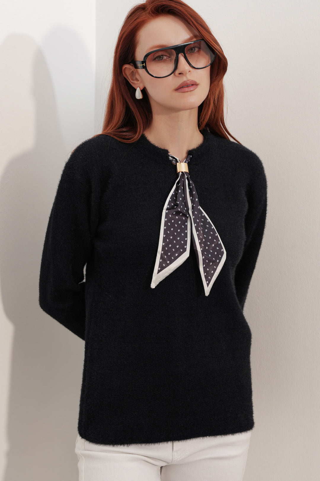 BGD Women Kadın Fular Detaylı Oversize Kazak 15971 - Siyah - Orangetown
