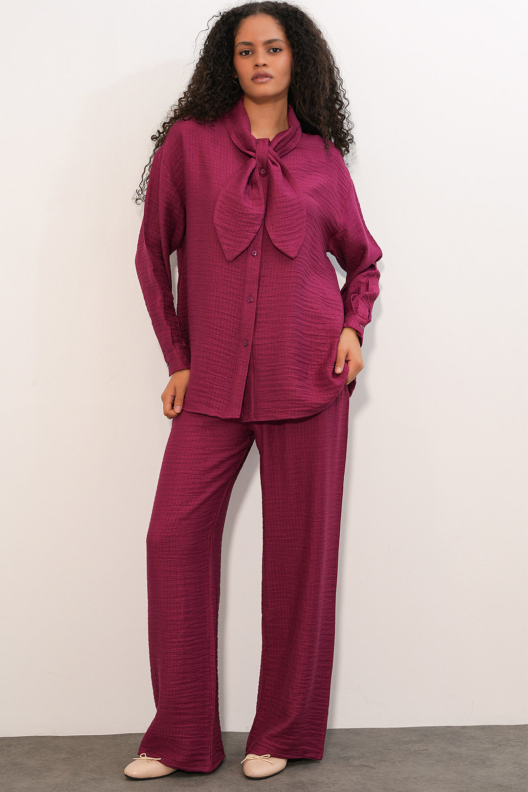 BGD Women Kadın Fularlı Gömlek Pantolon İkili Takım 30093 - Bordo - San Leandro
