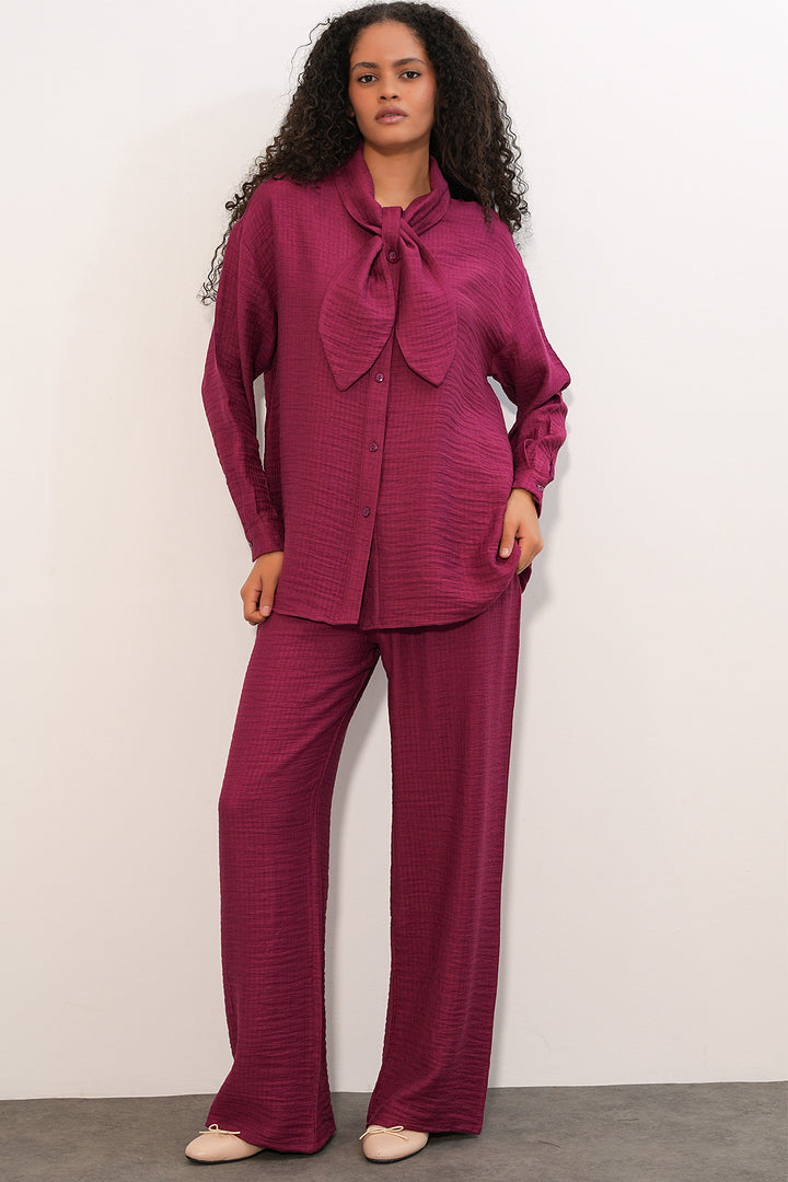 BGD Women Kadın Fularlı Gömlek Pantolon İkili Takım 30093 - Bordo - San Leandro