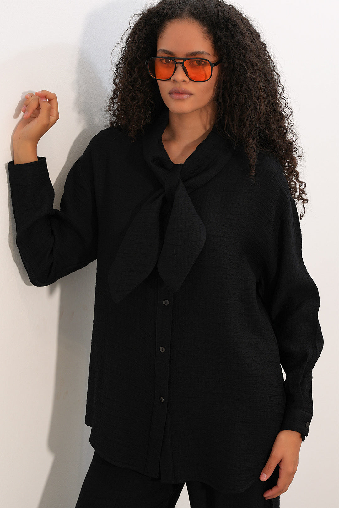 BGD Women Kadın Fularlı Gömlek Pantolon İkili Takım 30093 - Siyah - Pasadena