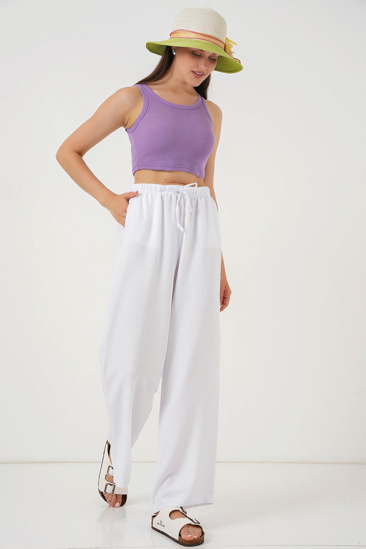 BGD Women Women's Wide Leg Linen Trousers 6735 - White - Cottage Grove