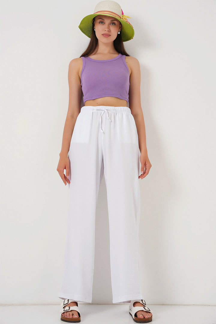 BGD Women Women's Wide Leg Linen Trousers 6735 - White - Cottage Grove
