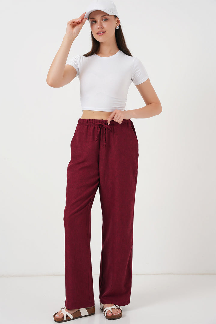 BGD Women Women's Wide Leg Linen Trousers 6735 - Burgundy - Néa Smýrni