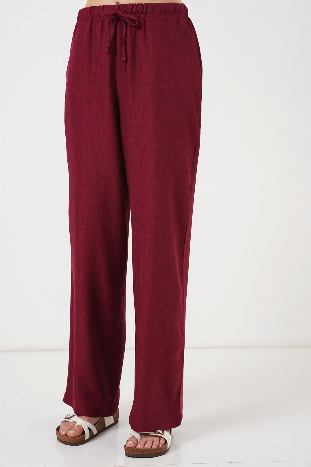 BGD Women Women's Wide Leg Linen Trousers 6735 - Burgundy - Néa Smýrni