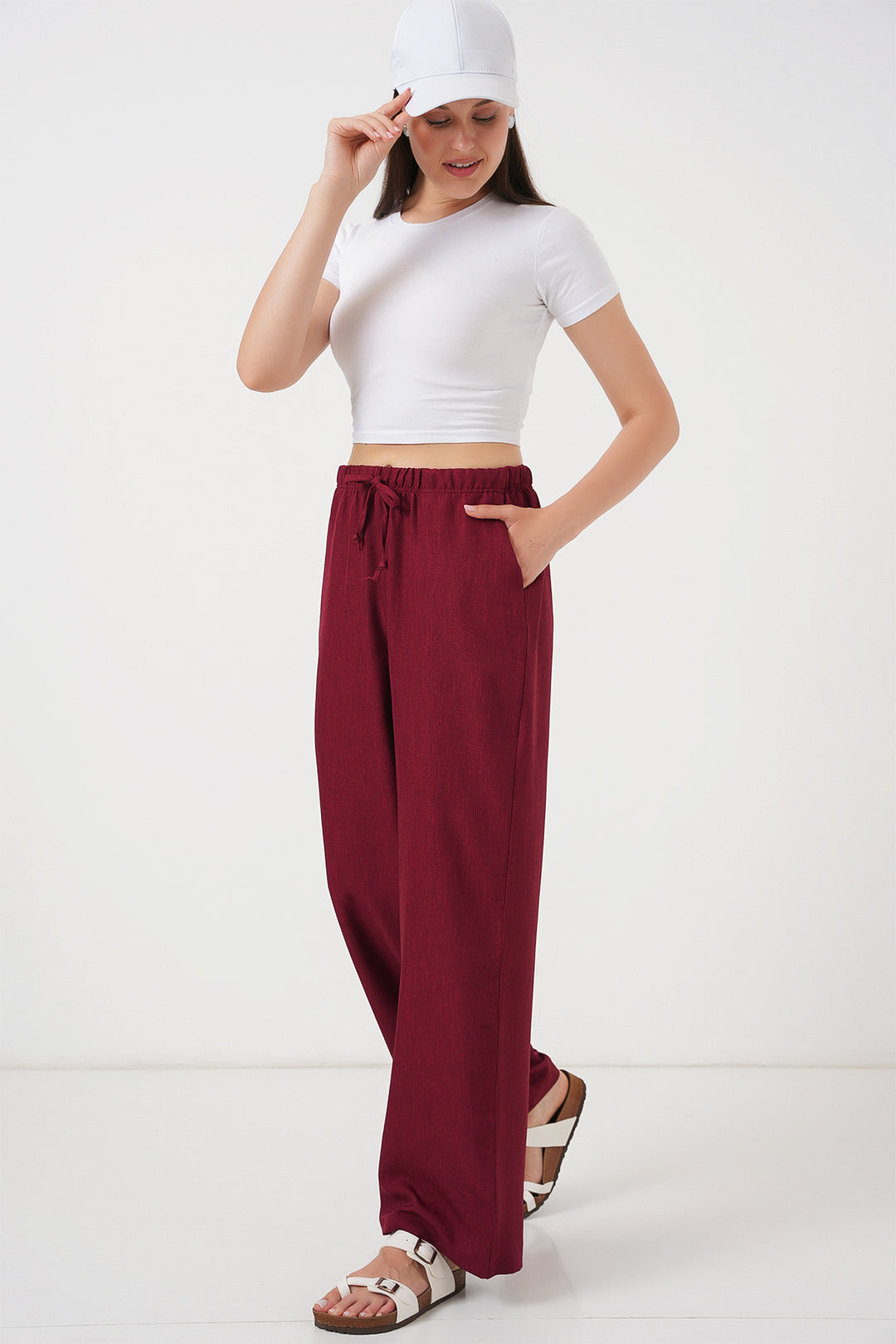 BGD Women Women's Wide Leg Linen Trousers 6735 - Burgundy - Néa Smýrni