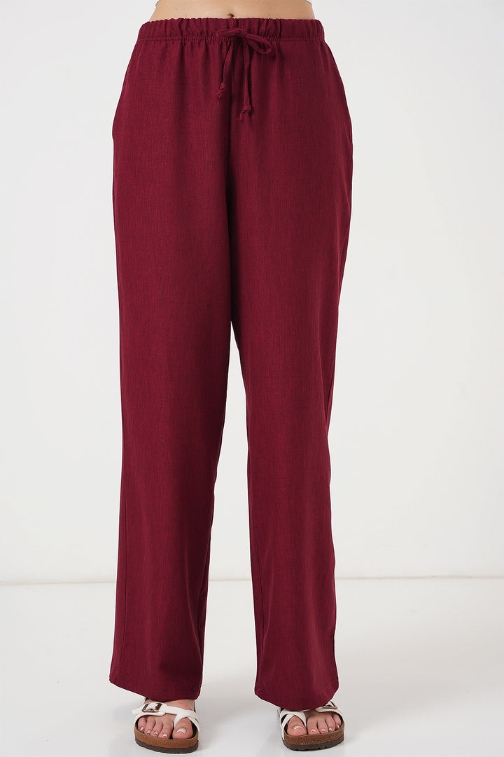 BGD Women Women's Wide Leg Linen Trousers 6735 - Burgundy - Néa Smýrni
