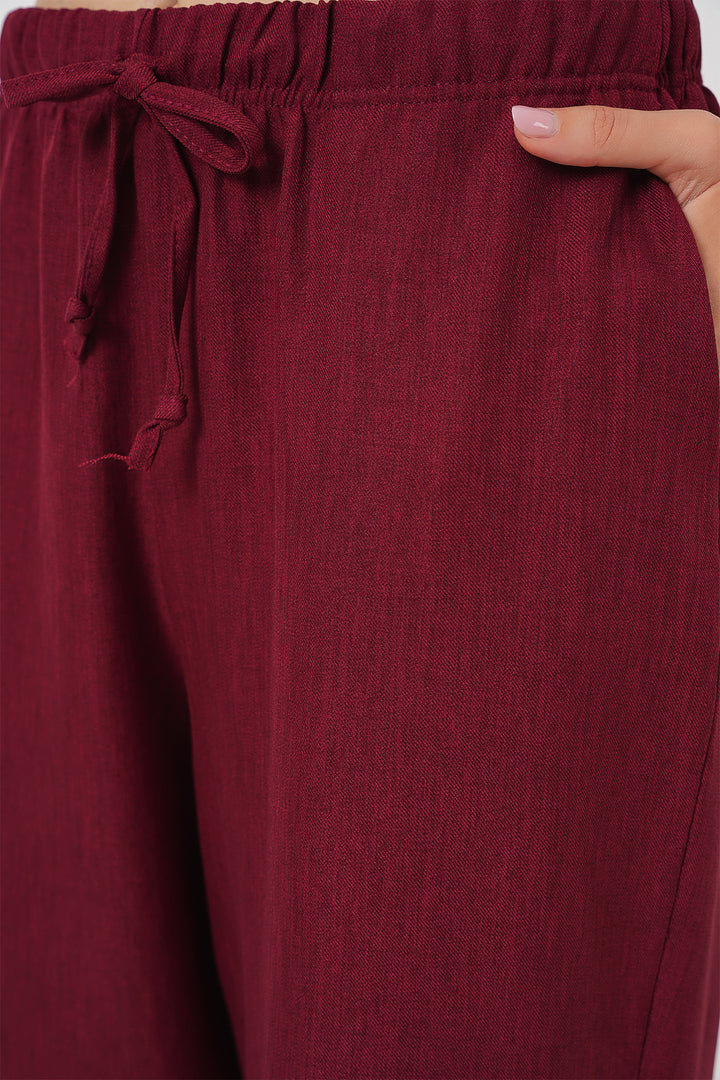 BGD Women Women's Wide Leg Linen Trousers 6735 - Burgundy - Néa Smýrni