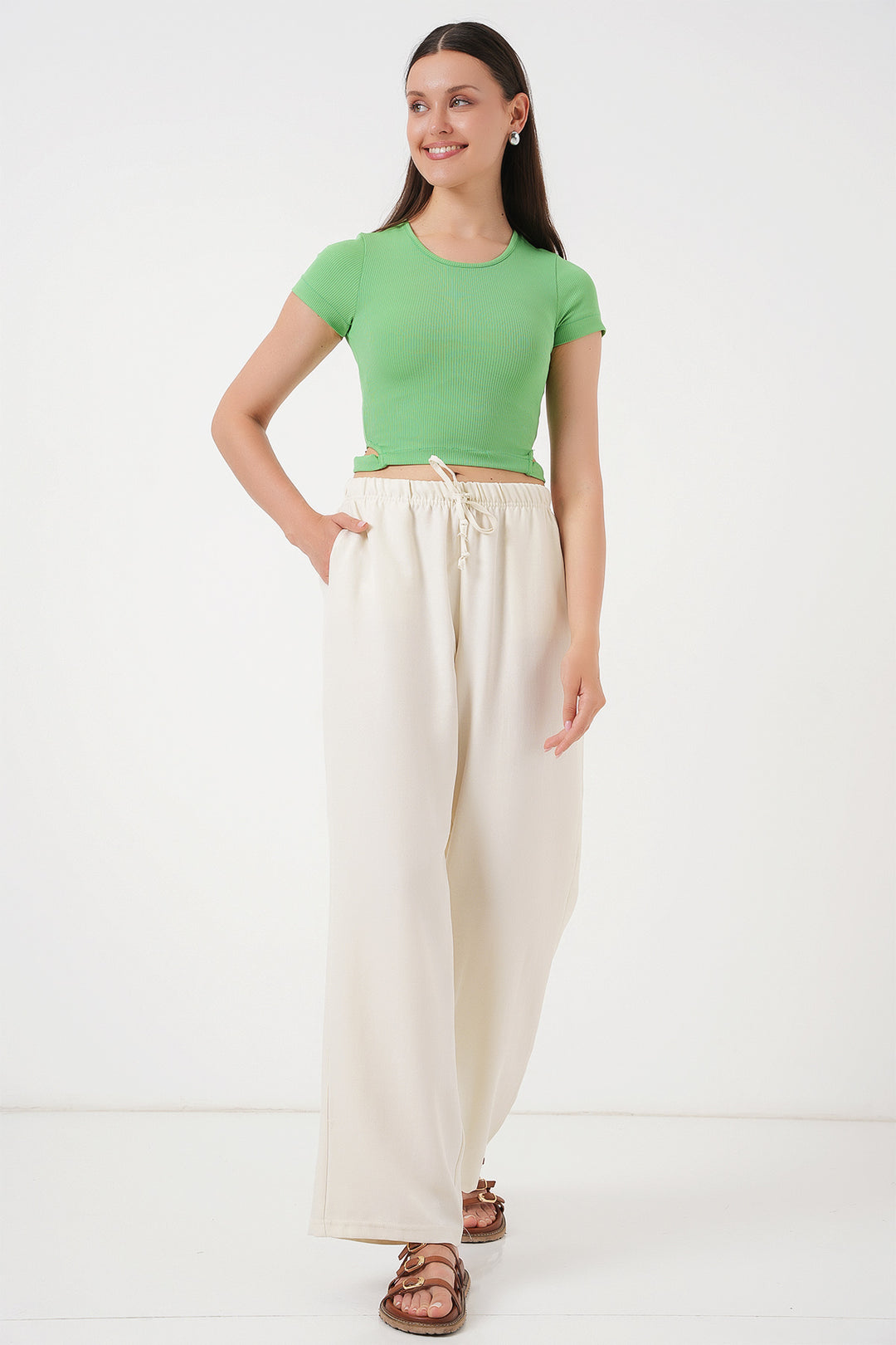 BGD Women Women's Wide Leg Linen Trousers 6735 - Ecru - Agua Prieta