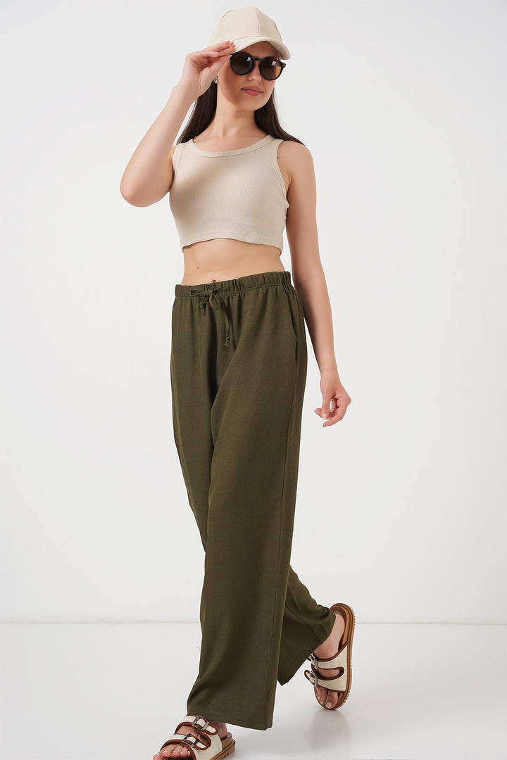 BGD Women Women's Wide Leg Linen Trousers 6735 - Khaki - Davie