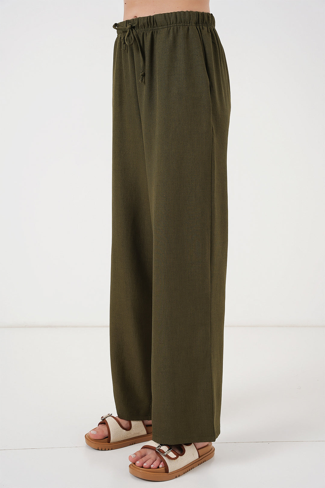 BGD Women Women's Wide Leg Linen Trousers 6735 - Khaki - Davie