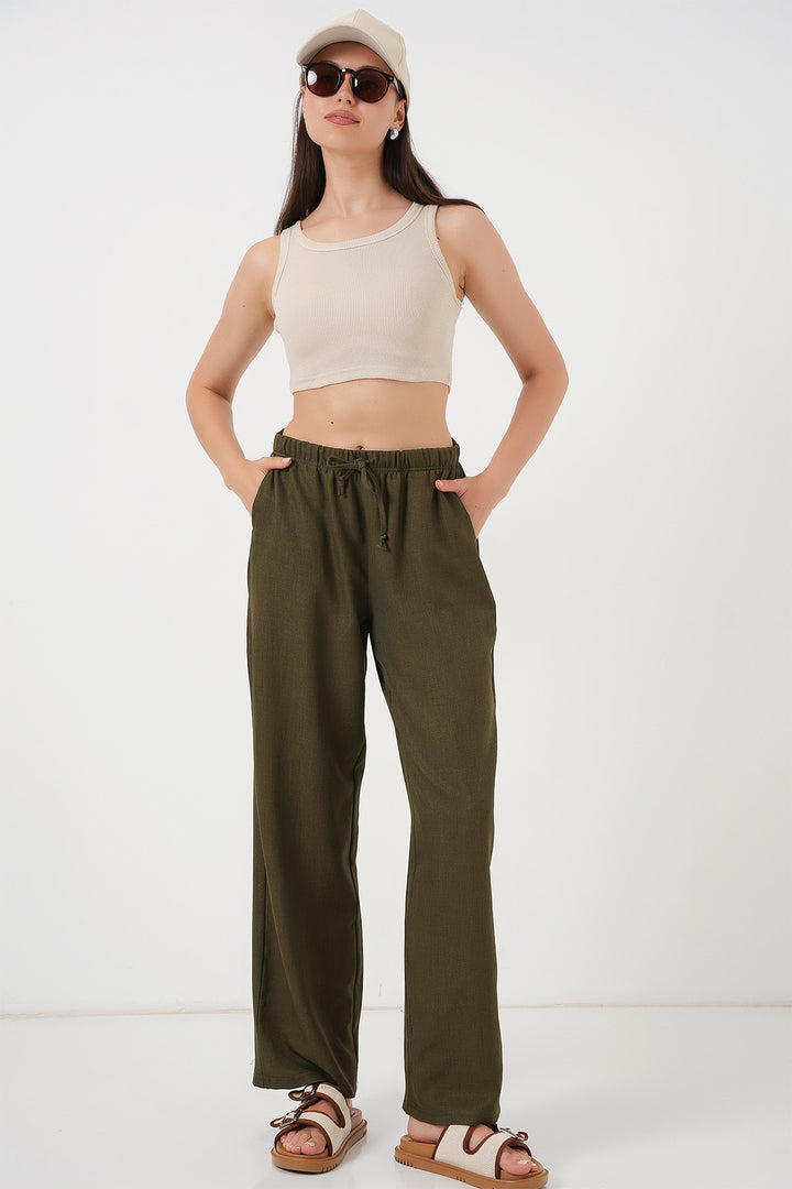 BGD Women Women's Wide Leg Linen Trousers 6735 - Khaki - Davie