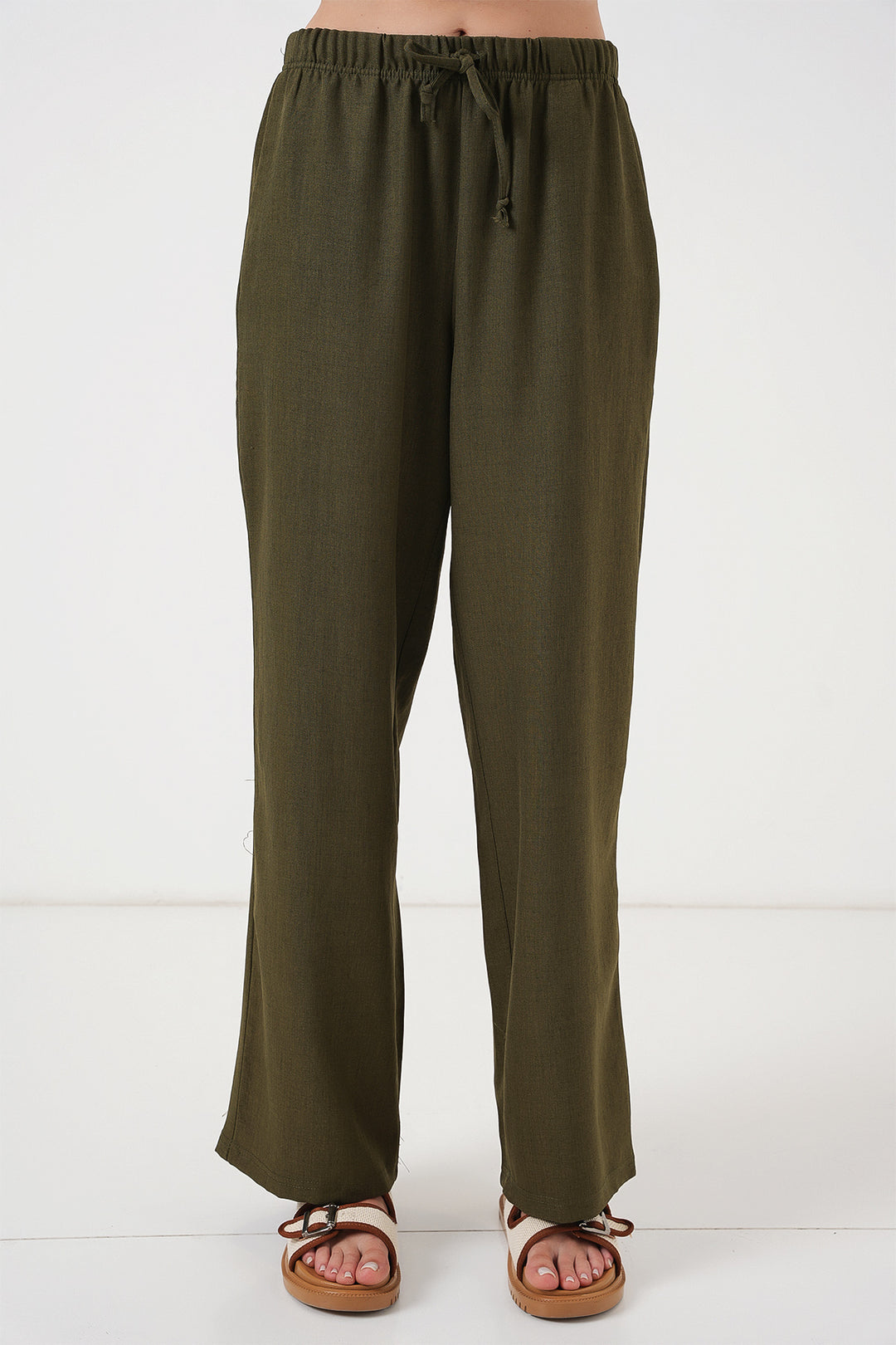 BGD Women Women's Wide Leg Linen Trousers 6735 - Khaki - Davie