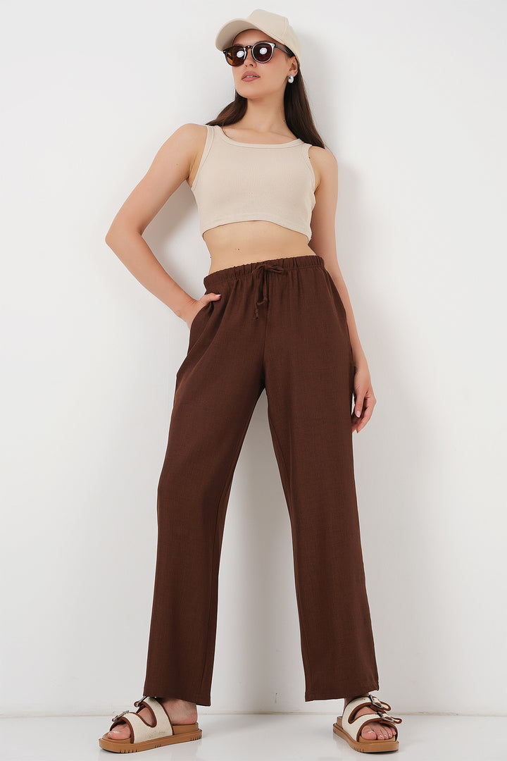 BGD Women Women's Wide Leg Linen Trousers 6735 - Brown - Alexandroúpoli