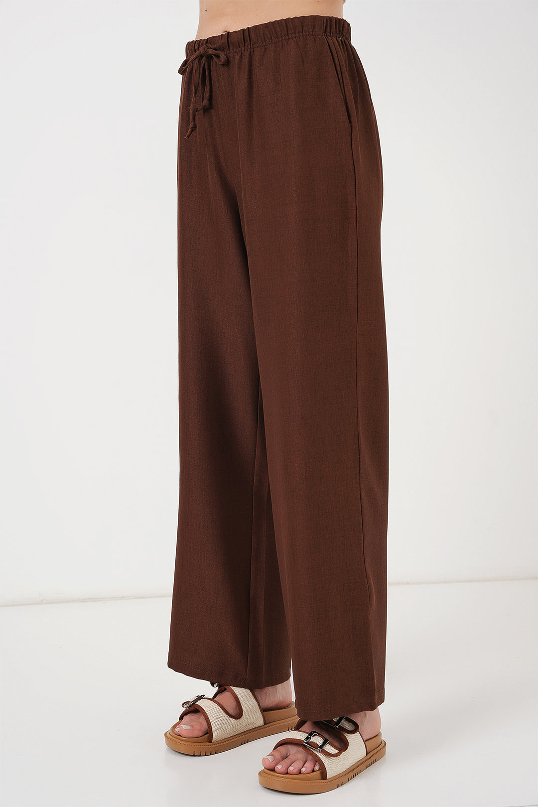 BGD Women Women's Wide Leg Linen Trousers 6735 - Brown - Alexandroúpoli