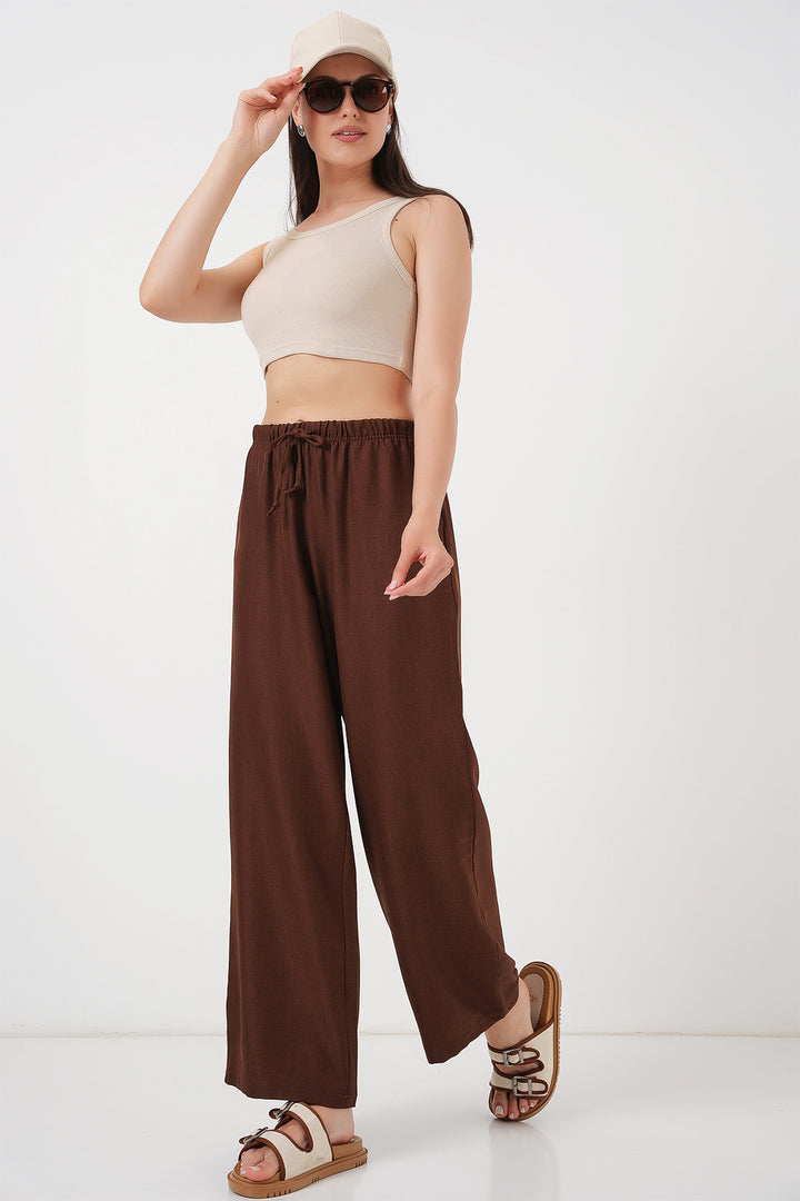 BGD Women Women's Wide Leg Linen Trousers 6735 - Brown - Alexandroúpoli