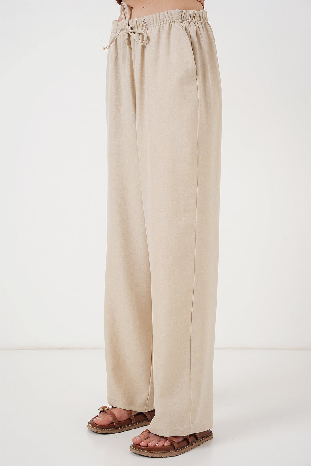 BGD Women Women's Wide Leg Linen Trousers 6735 - Cream - Cisterna di Latina