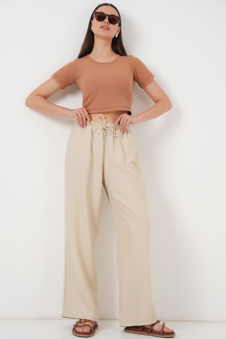 BGD Women Women's Wide Leg Linen Trousers 6735 - Cream - Cisterna di Latina