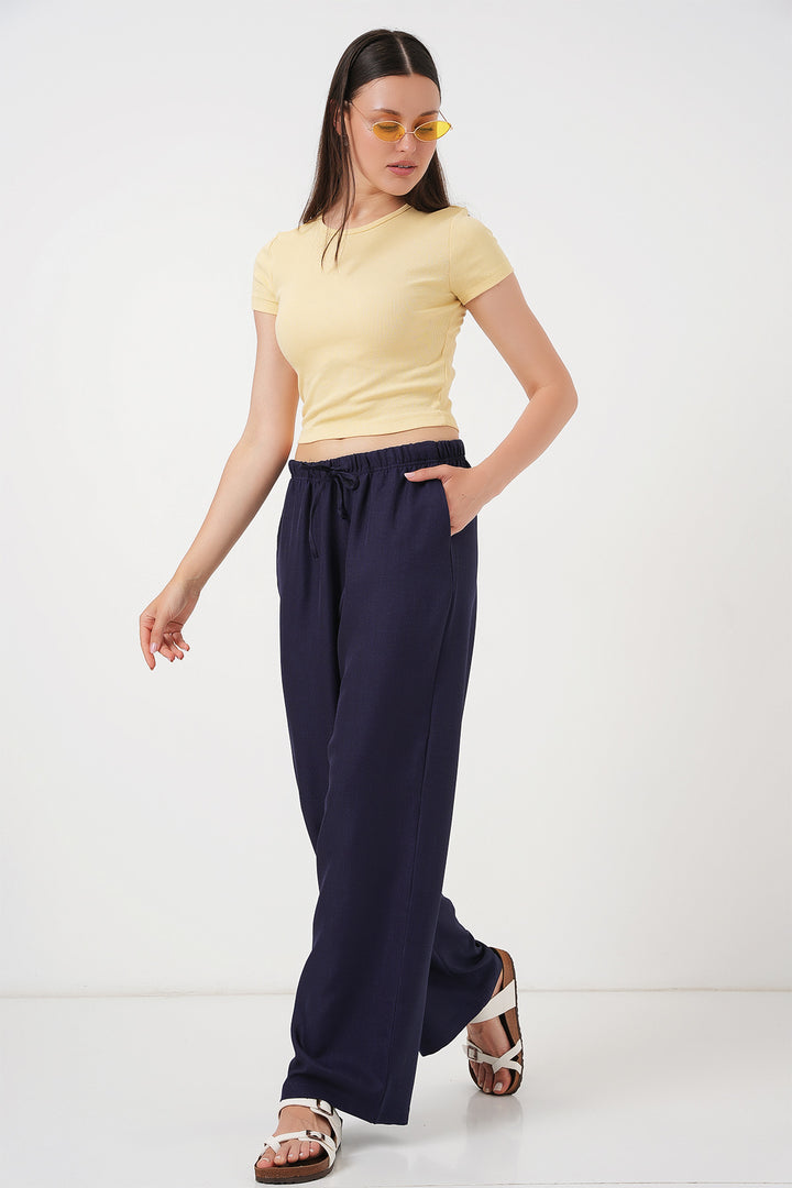 BGD Women Women's Wide Leg Linen Trousers 6735 - Navy Blue - Bourges