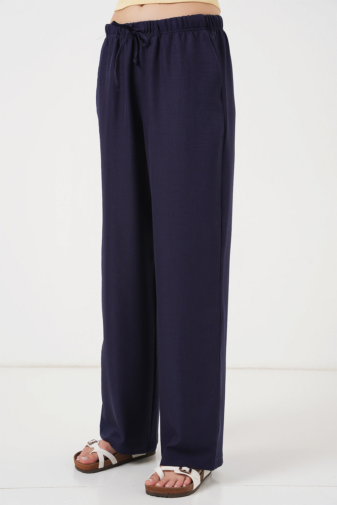 BGD Women Women's Wide Leg Linen Trousers 6735 - Navy Blue - Bourges