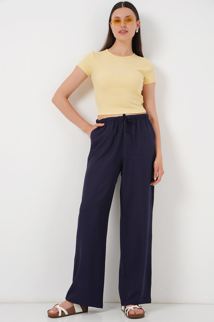 BGD Women Women's Wide Leg Linen Trousers 6735 - Navy Blue - Bourges