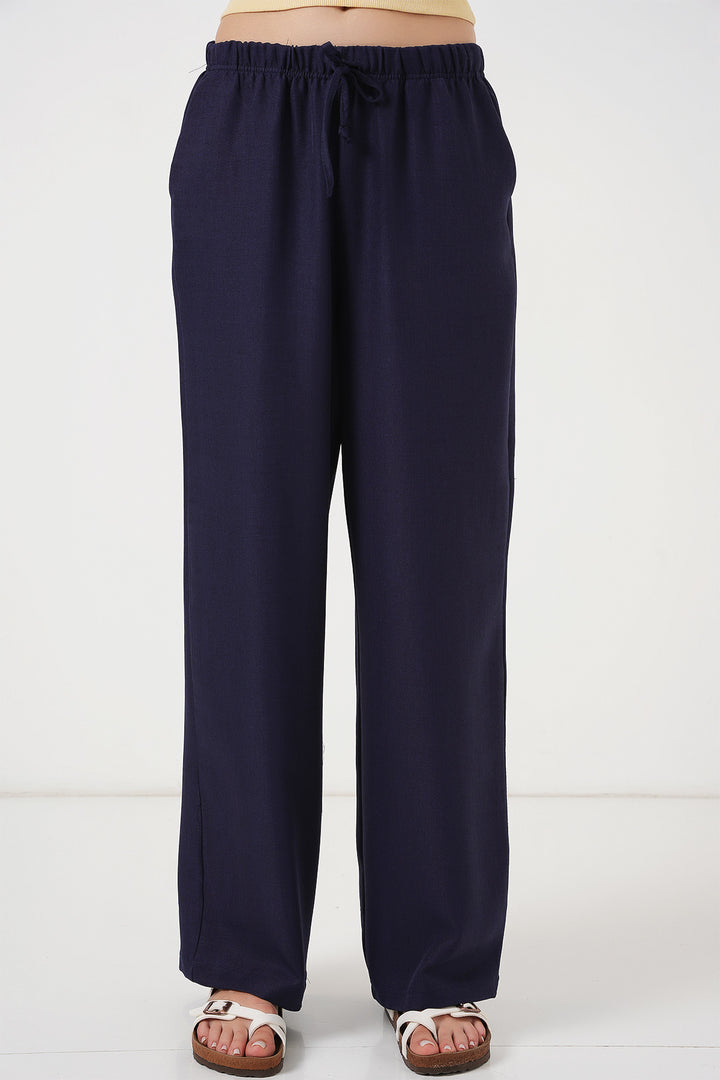 BGD Women Women's Wide Leg Linen Trousers 6735 - Navy Blue - Bourges