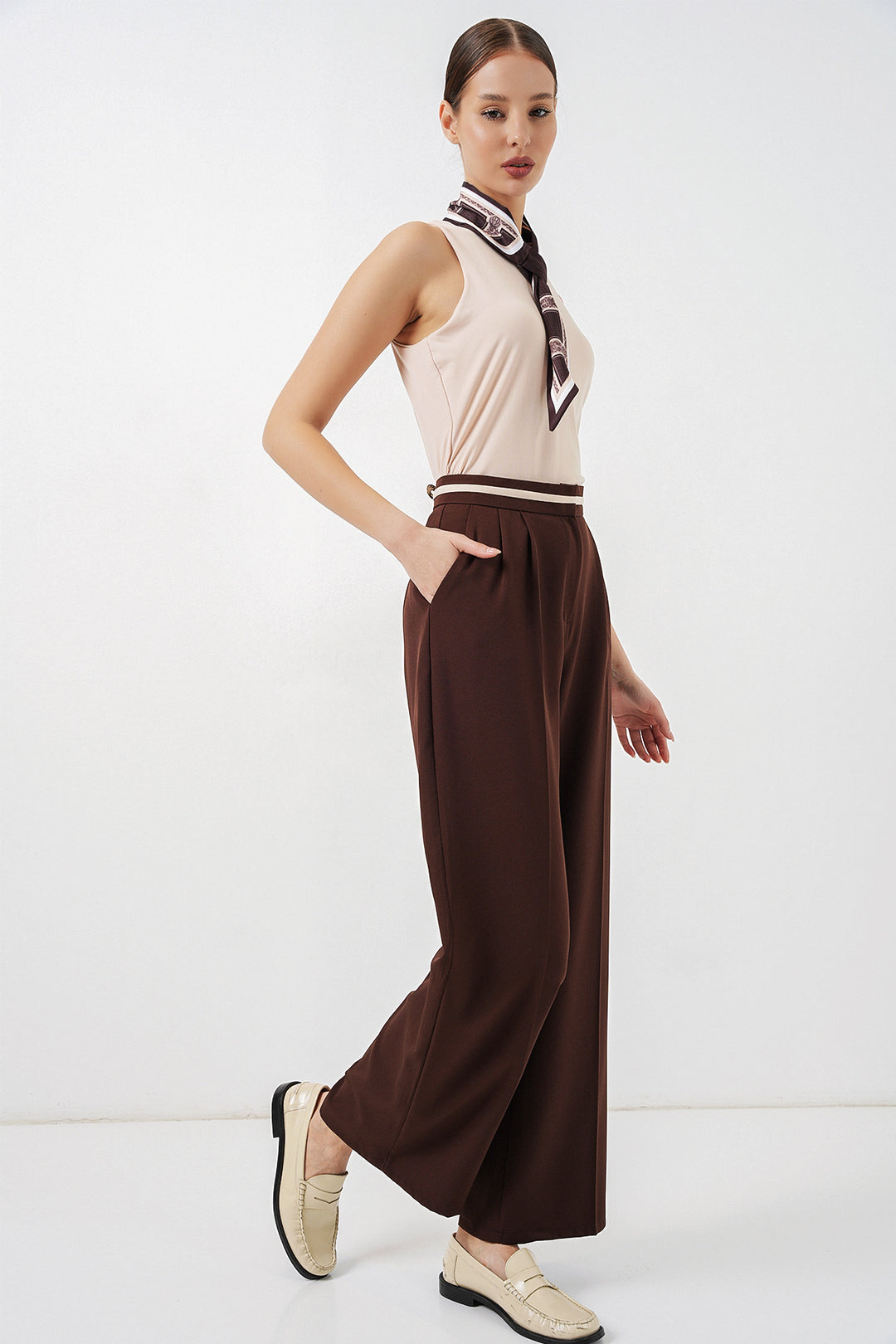 BGD Women Kadın Geniş Paça Kumaş Pantolon 30088 - Kahverengi - Heinsberg