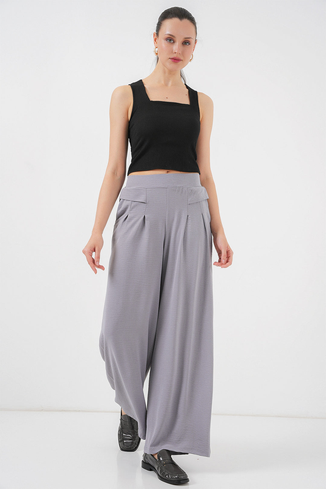 BGD Women Women's Wide Leg Pleated Pants 6718 - Gray - Cancún