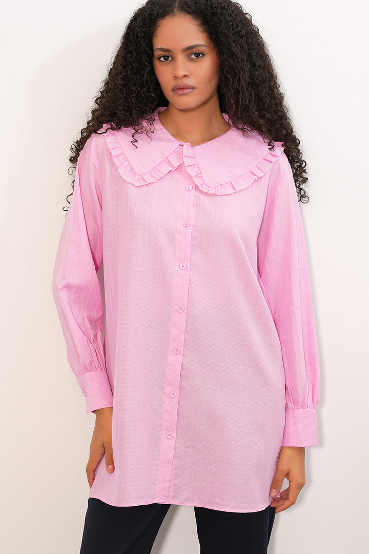 BGD Women Kadın Geniş Yaka Fırfır Detaylı Çizgili Tunik Gömlek 5993 - Pembe - Central Islip