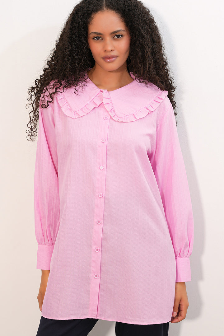 BGD Women Kadın Geniş Yaka Fırfır Detaylı Çizgili Tunik Gömlek 5993 - Pembe - Central Islip