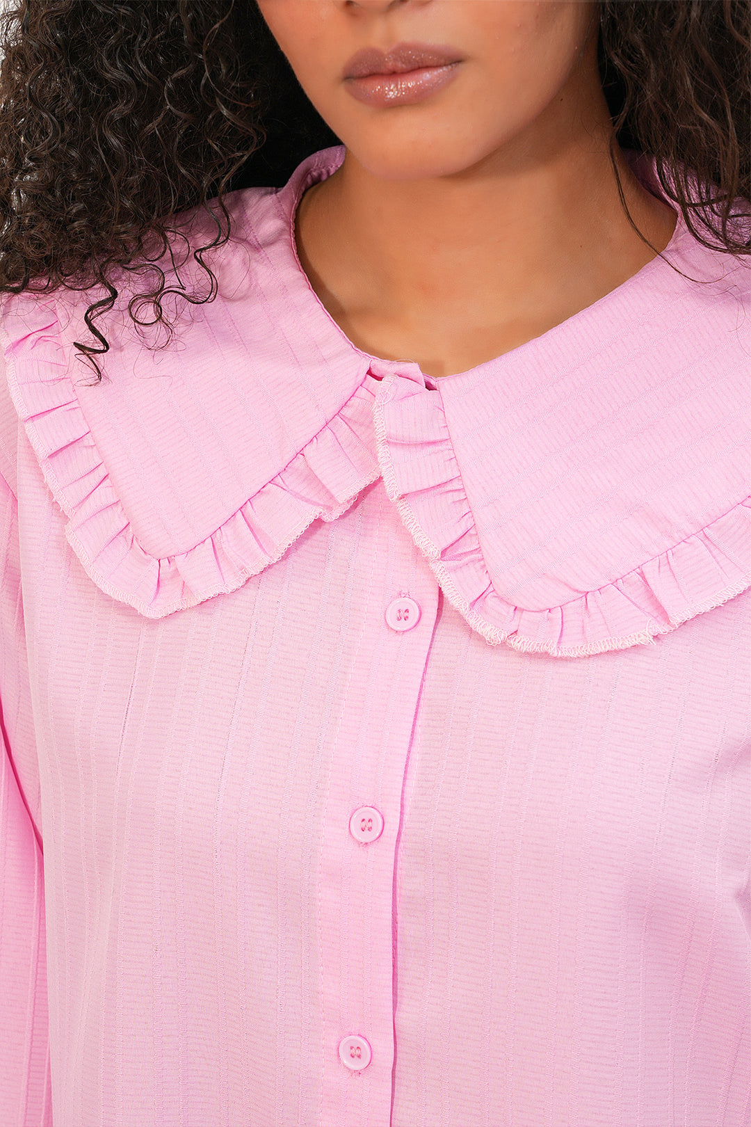 BGD Women Kadın Geniş Yaka Fırfır Detaylı Çizgili Tunik Gömlek 5993 - Pembe - Central Islip