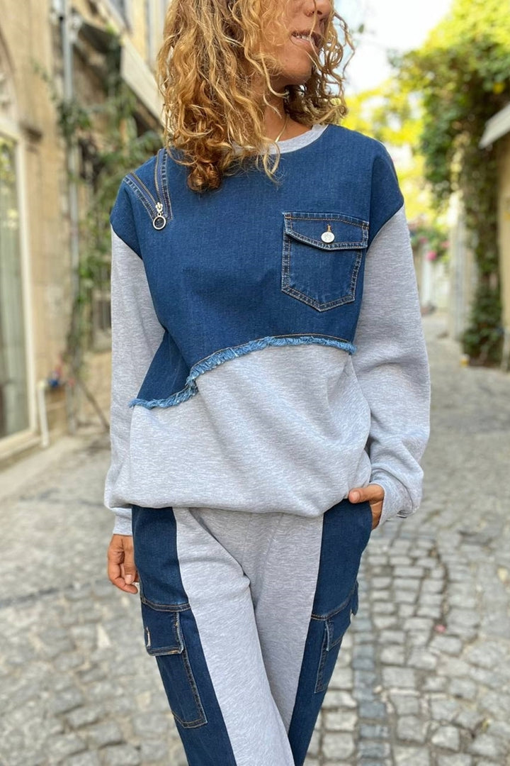 GNS Woman Gray Asymmetric Denim Detailed Three Thread Slouchy Sweatshirt BND-S70 - Savigny-sur-Orge