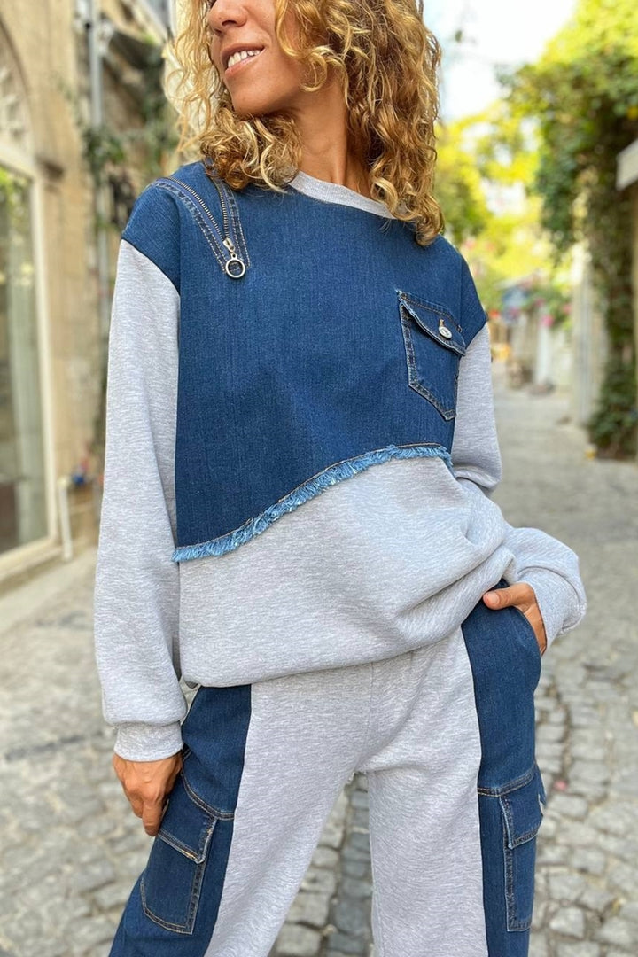 GNS Woman Gray Asymmetric Denim Detailed Three Thread Slouchy Sweatshirt BND-S70 - Savigny-sur-Orge
