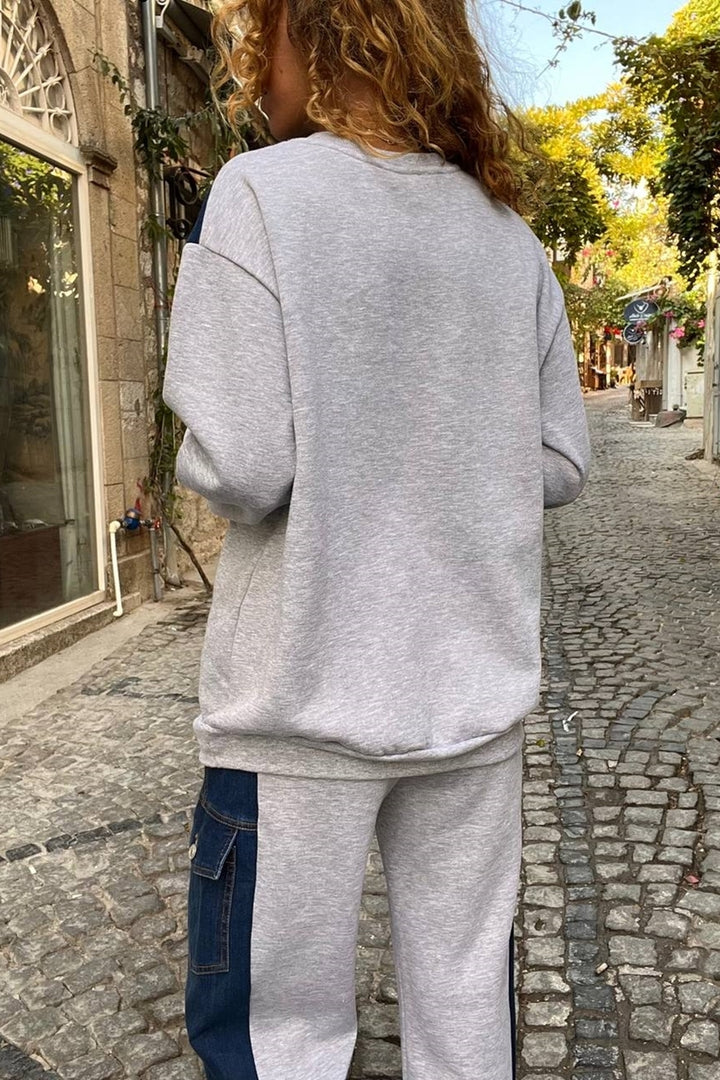 GNS Woman Gray Asymmetric Denim Detailed Three Thread Slouchy Sweatshirt BND-S70 - Savigny-sur-Orge