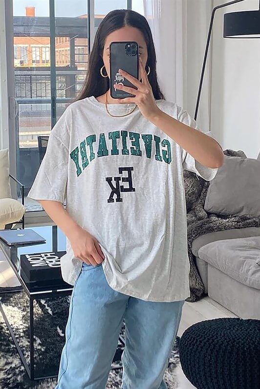 MDX Woman Gray Printed Oversize T-shirt MG1318 - Worthing