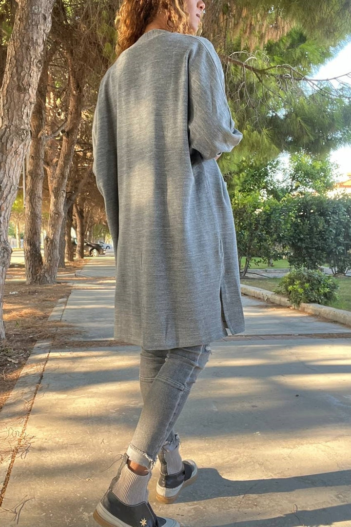 GNS Woman Gray Button Detailed Slit Soft Textured Long Cardigan Bst3442 - Huntsville