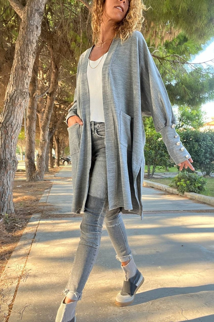 GNS Woman Gray Button Detailed Slit Soft Textured Long Cardigan Bst3442 - Huntsville