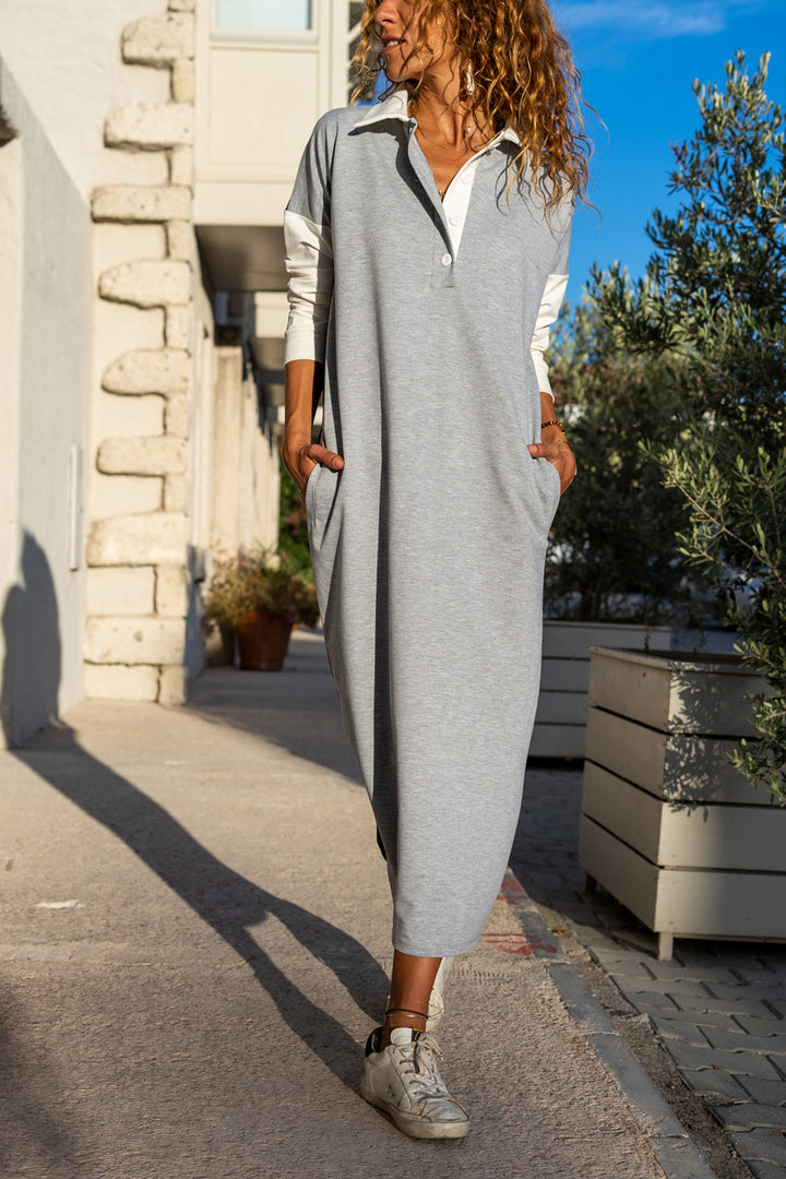 GNS Women's Gray Polo Neck Color Block Long Slouchy Sweatshirt Dress GK-TD2014 - Overland Park