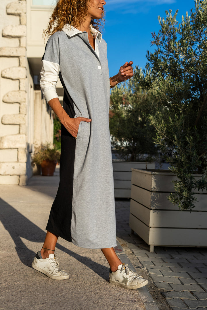 GNS Women's Gray Polo Neck Color Block Long Slouchy Sweatshirt Dress GK-TD2014 - Overland Park