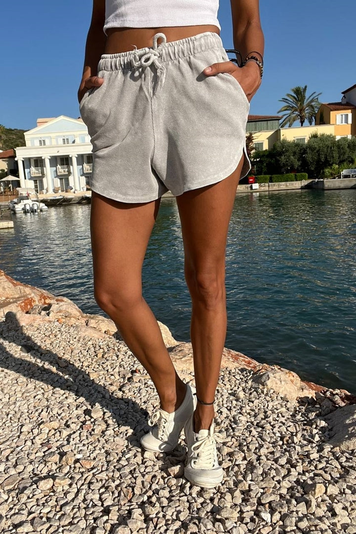 GNS Women's Grey Washed Quilted Elastic Waist Pocketed Sports Shorts Rsd3070 - Münster