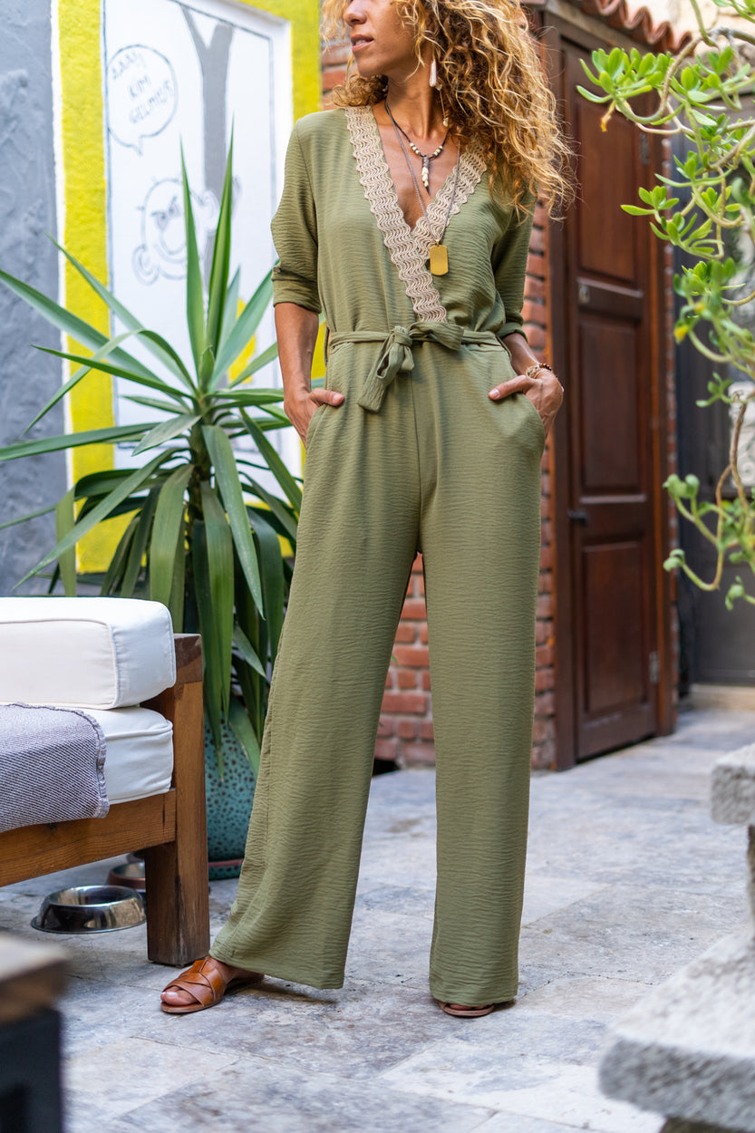 GNS Women's Beige Detailed Jute Jumpsuit with Self Belted Pockets BST2946 - Hofheim