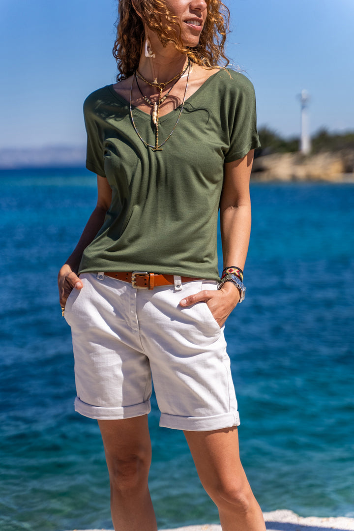 GNS Women's Khaki Front Back V-Neck Loose T-Shirt JR500 - Hackensack