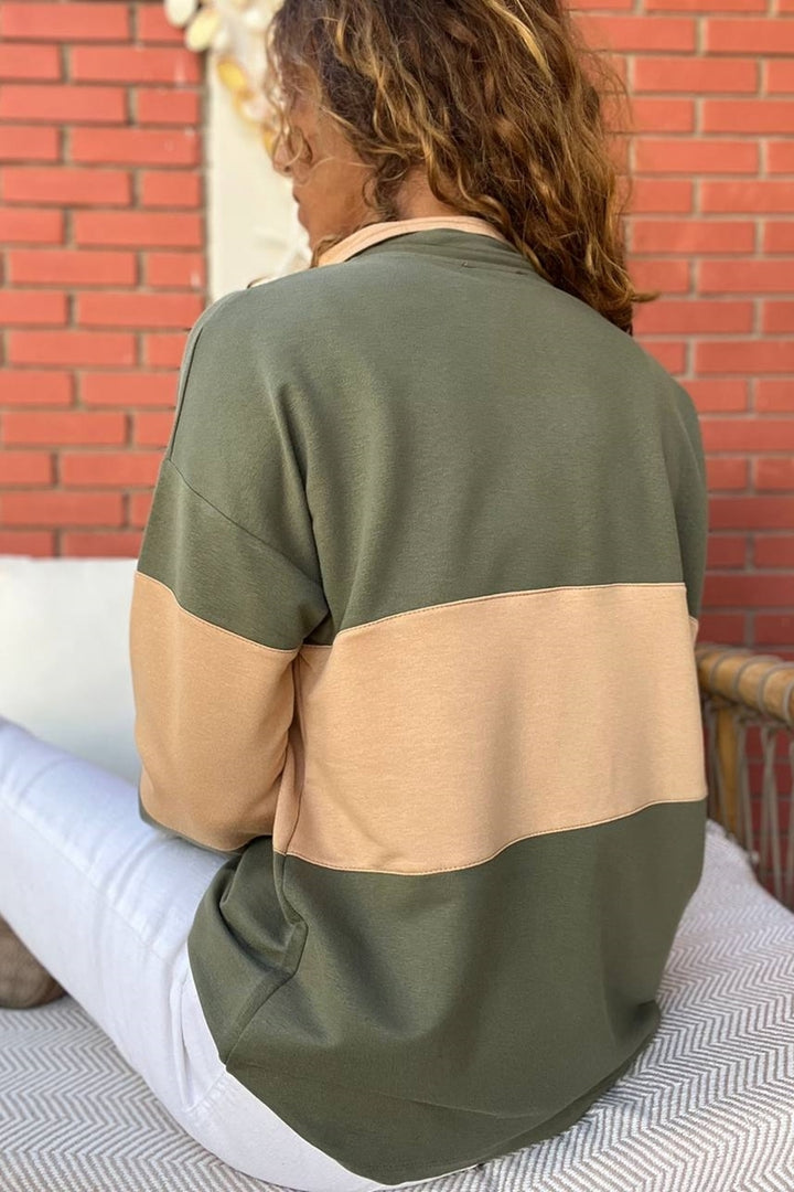 GNS Women's Khaki Zippered Color Block Polo Neck Loose Fit Sweatshirt Bst3471 - Tipton