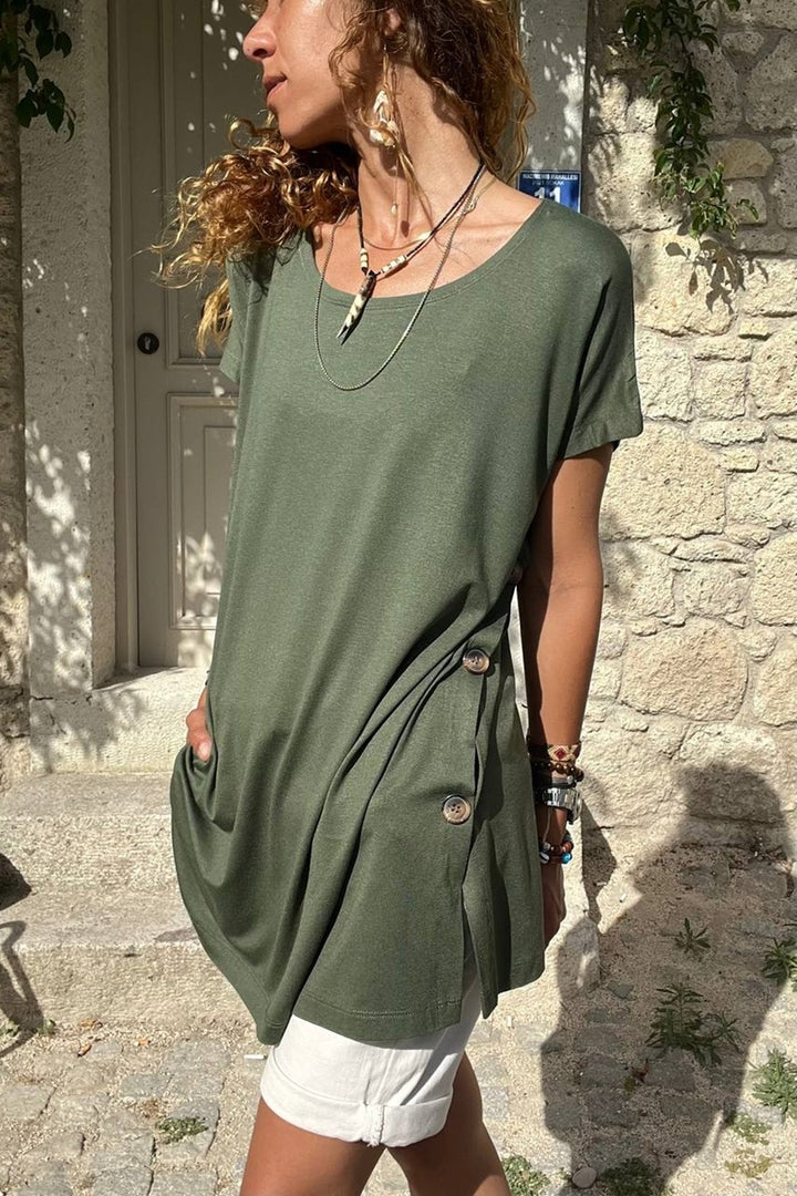 GNS Women's Khaki Buttoned Loose Fit Baggy Tunic Blouse - Roseville