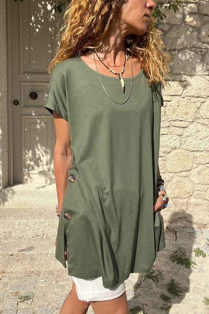 GNS Women's Khaki Buttoned Loose Fit Baggy Tunic Blouse - Roseville