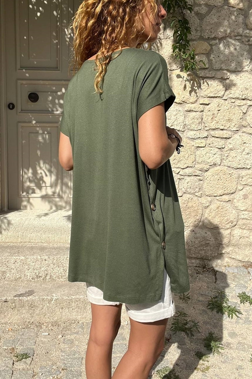 GNS Women's Khaki Buttoned Loose Fit Baggy Tunic Blouse - Roseville