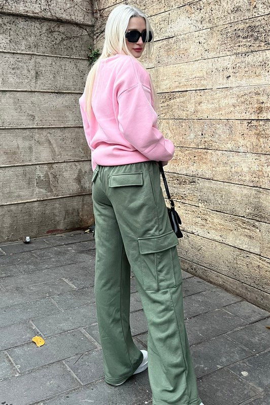 MDX Women's Khaki Green Wide Leg Cargo Pocket Sweatpants MG1615 - Shreveport