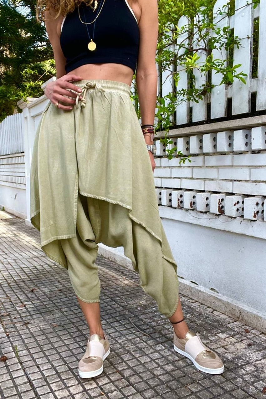 GNS Woman's Asymmetric Layered Waist Elasticated Pants with Haki Washed RSD1228 - Marysville