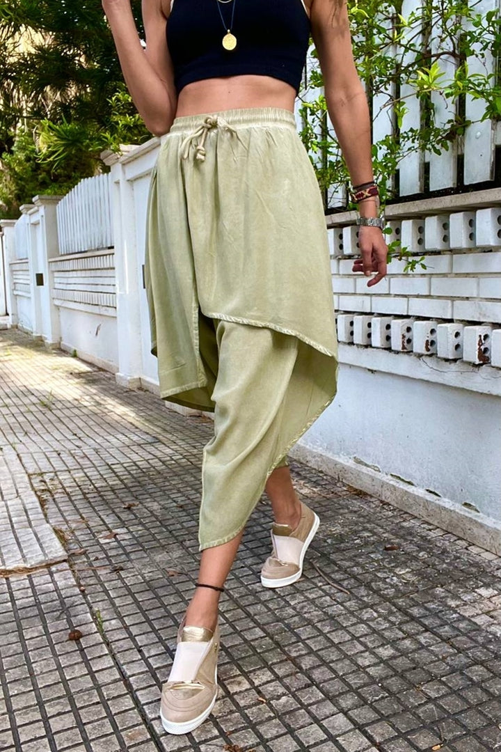 GNS Woman's Asymmetric Layered Waist Elasticated Pants with Haki Washed RSD1228 - Marysville