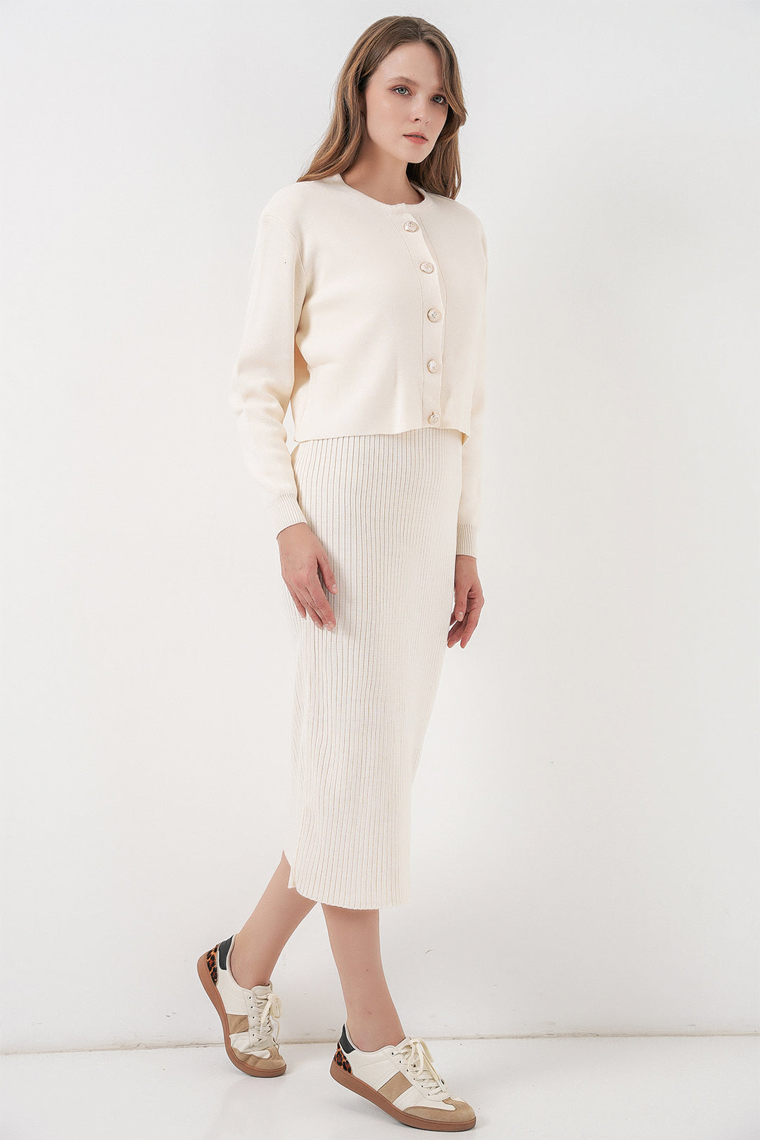 BGD Women Woman Cardigan Dress Knitwear Set 15960 - Ecru - Vilvoorde